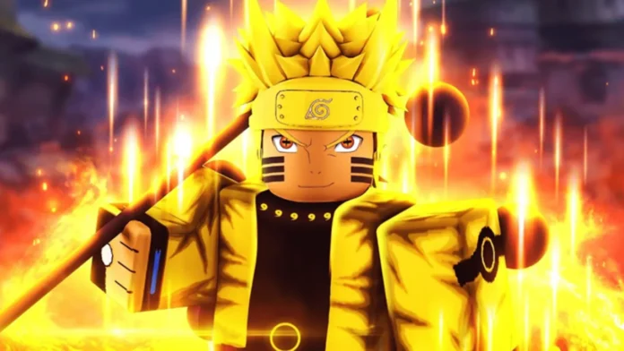 Ein Anime-Roblox-Charakter steht stolz, der Kamera zugewandt, in einem goldenen Gewand in einem Anime-Rennklicker.