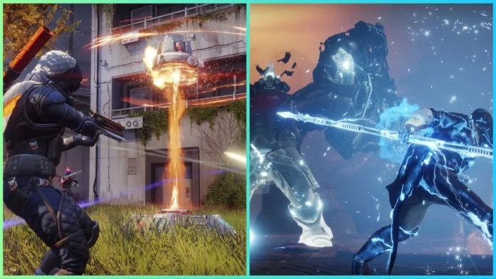 Obrazek fabularny do naszego przewodnika po egzotycznych poziomach Destiny 2 przedstawia zrzuty ekranu z gry przedstawiające postać biorącą udział w bitwie, trzymając świecącą broń drzewcową, a także postać kierującą broń w stronę świecącej maszyny otoczonej trawą