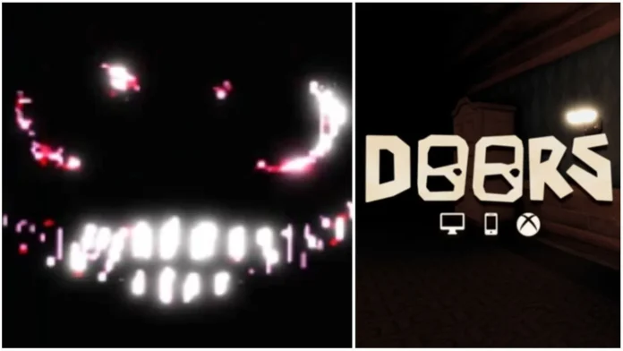 huvudbild för vår dupguide för dörrar, bilden innehåller ett foto av det dupade monstret från spelet samt spelets logotyp