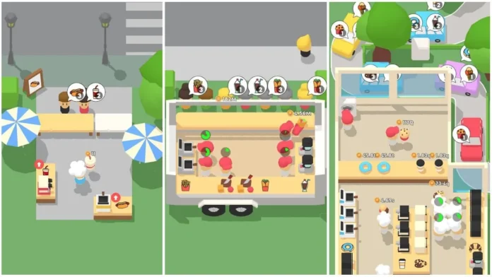 afbeelding voor onze eatventure codes gids, de afbeelding bevat 3 screenshots van het spel die de verschillende restaurants laten zien die u kunt bezitten, met name een limonadekraam, een voedseltruck en een café.