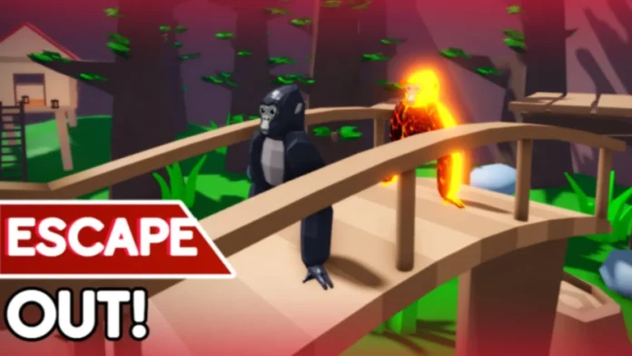 La imagen destacada de nuestra guía de códigos Gorilla Tag, en la que aparece un gorila moviéndose por un puente de madera en una jungla. En la parte inferior izquierda de la página aparece un texto gráfico en el que se lee 