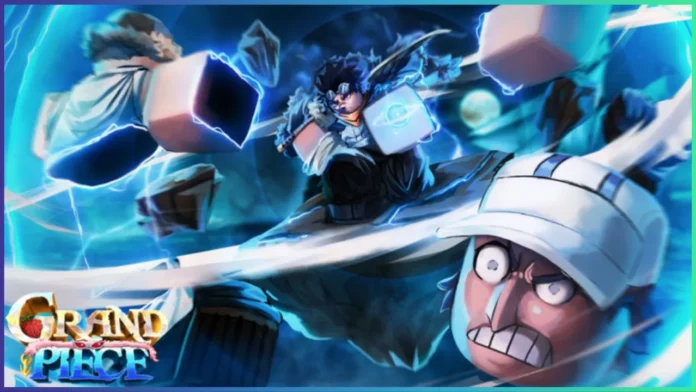 Feature-Bild für unsere Grand Piece Online Tier-Liste, das Bild zeigt offizielle Promo-Art für das Spiel der Roblox-Versionen von One Piece-Charakteren, ein Charakter schlägt andere Charaktere, während sie in einer Art elektrischem Wirbel herumwirbeln