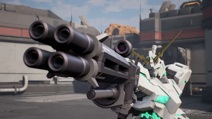 Eine Gundam Evolution Einheit, die ihre Waffe auf die Kamera richtet