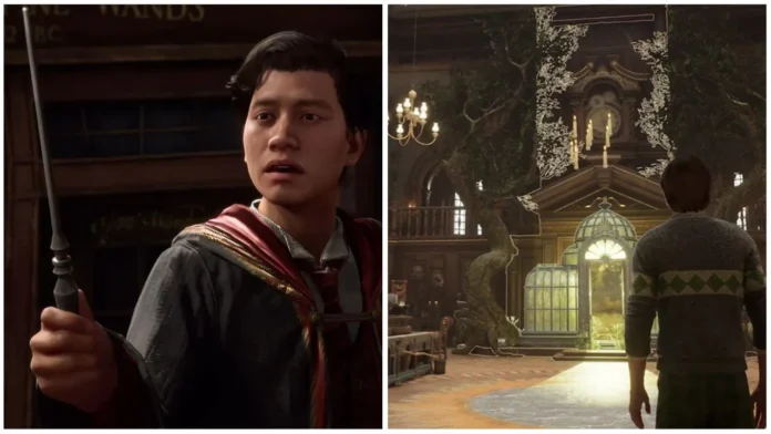 et billede til vores hogwarts legacy gear guide, billedet viser promo screenshots af spillet af en karakter, der holder en tryllestav op, og en karakter, der går gennem hogwarts