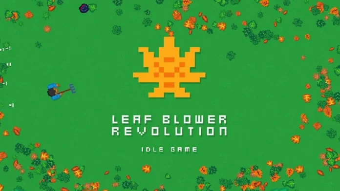 a levélfúvó forradalom kódok útmutatójának képét, amely a játék logóját mutatja be élénkzöld háttéren, valamint a pixeles főszereplőt, aki egy levélfúvót tart a kezében, narancssárga és zöld levelekkel a fűben.