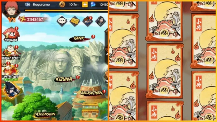 χαρακτηριστική εικόνα για τον οδηγό μας ninja legend idle codes, η εικόνα περιλαμβάνει promo screenshots από το παιχνίδι, όπως κάρτες με παραδοσιακή τέχνη πάνω τους, καθώς και ένα screenshot μιας από τις κύριες οθόνες του μενού του χάρτη με διάφορα εικονίδια λειτουργιών του παιχνιδιού.
