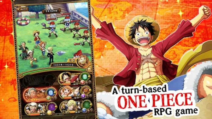 One Piece Treasure Cruise -tasoluettelon esittelykuva, jossa One Piece -hahmo kohottaa kätensä taivaalle ja huudahtaa innoissaan. Hahmon vasemmalla puolella on kuvakaappaus pelistä, kun pelaaja taistelee vihollisia vastaan ryhmässä.