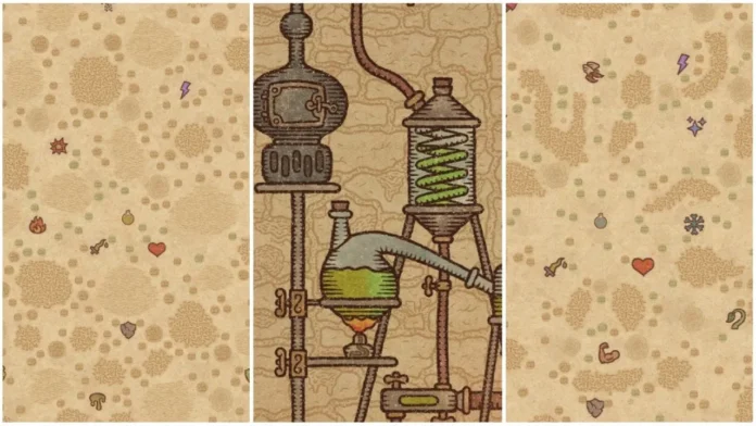 imagen destacada para nuestra guía de mapas de artesanía de pociones, hay dos capturas de pantalla de los mapas de aceite y agua en el juego, con una variedad de símbolos, también hay una captura de pantalla de un dibujo medieval del equipo de alquimia