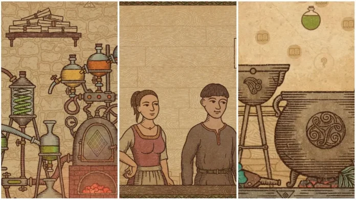 Изображение для нашего руководства по рецептам зельеварения. На изображении представлены рисунки алхимического оборудования в средневековом стиле, включая котел, и 2 рисунка людей в одежде в средневековом стиле.