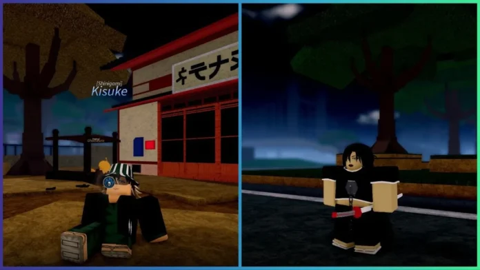Изображение для нашего руководства по проекту mugetsu uryu. На изображении представлены 2 скриншота из игры, на которых персонаж, сделанный на заказ, стоит посреди улицы, держа в руках катану, а также скриншот персонажа Кисуке из игры roblox, который сидит возле здания у дерева, над его головой написано его имя.