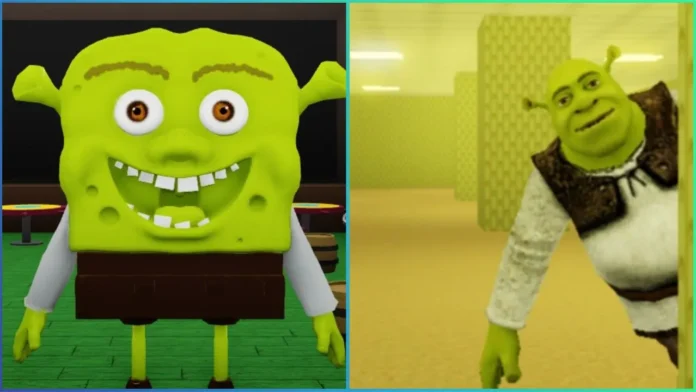 kép a Shrek a hátsó szobákban térképes útmutatóhoz, a képen screenshotok láthatók a játékból, beleértve egy Spongebob és Shrek hibridet és Shreket, aki a hátsó szobákban egy sarok mögül leselkedik.