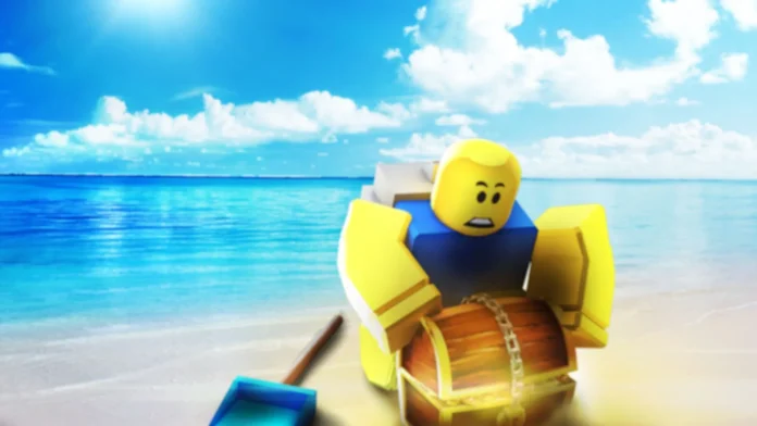 Ένας χαρακτήρας του Roblox ανοίγει ένα σεντούκι θησαυρού σε μια παραλία.