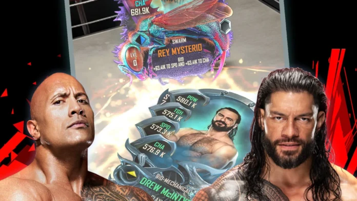 Wrestler, die vor den Karten der WWE SuperCard stehen.