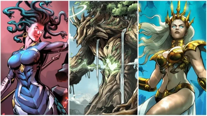 L'immagine è caratterizzata da tre personaggi in stile fumetto, a sinistra c'è Medusa, poi un albero e infine Poseidon.